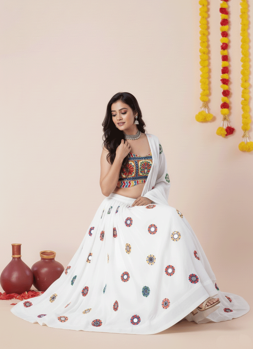 Premium White Rayon Traditional Chaniya Choli for Garba & Navratri
