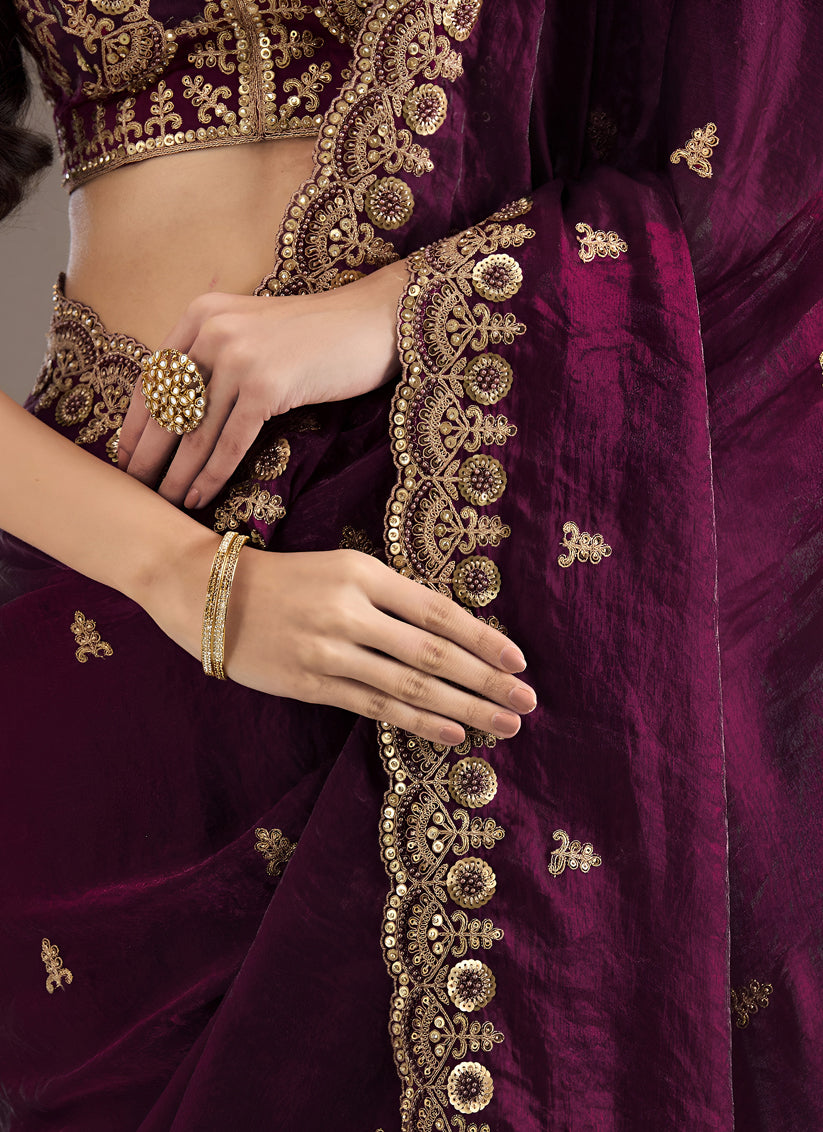 Wine  Designer Tissue Saree with Embroidery and Sequin Work