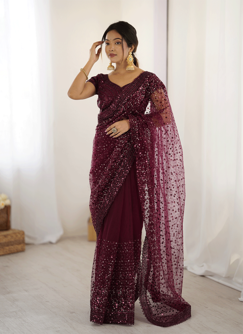 Elegant Wine Sequin Net Reception Saree with Designer Blouse