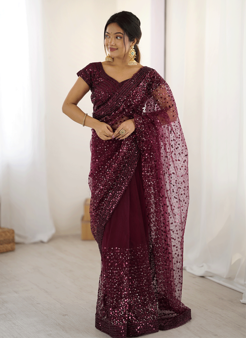 Elegant Wine Sequin Net Reception Saree with Designer Blouse