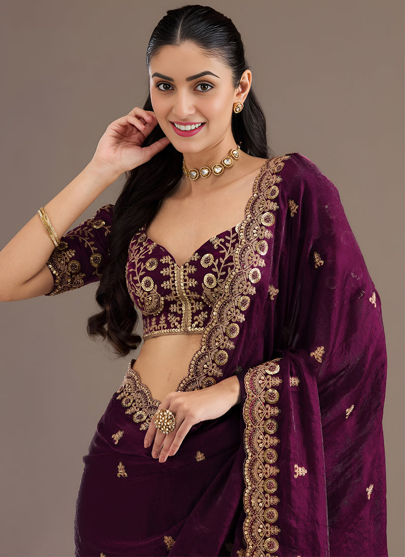 Wine  Designer Tissue Saree with Embroidery and Sequin Work