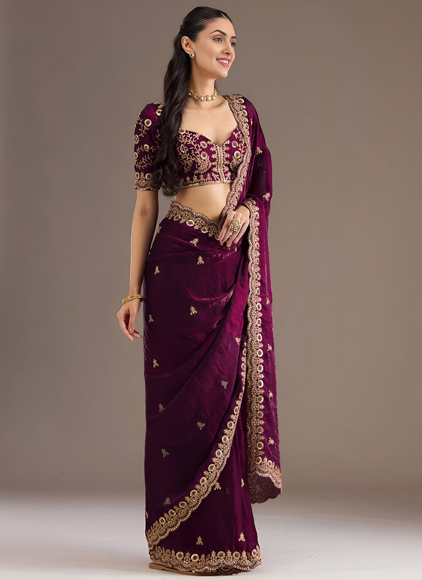 Wine  Designer Tissue Saree with Embroidery and Sequin Work