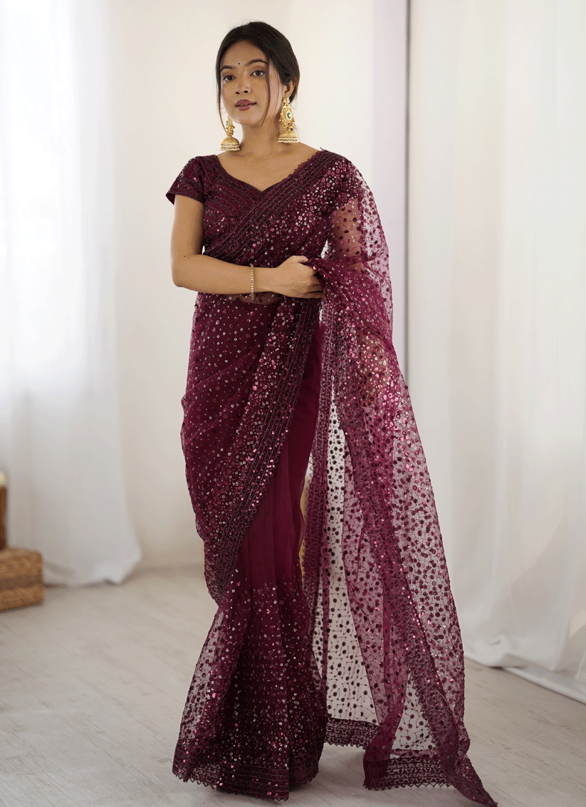 Elegant Wine Sequin Net Reception Saree with Designer Blouse