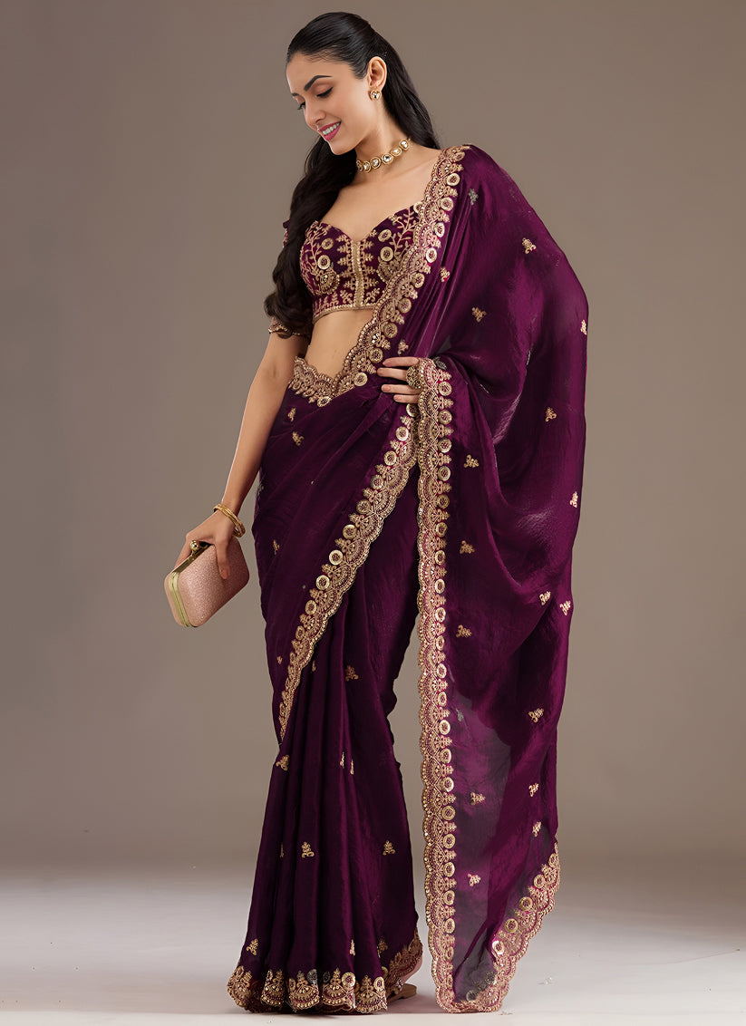 Wine  Designer Tissue Saree with Embroidery and Sequin Work