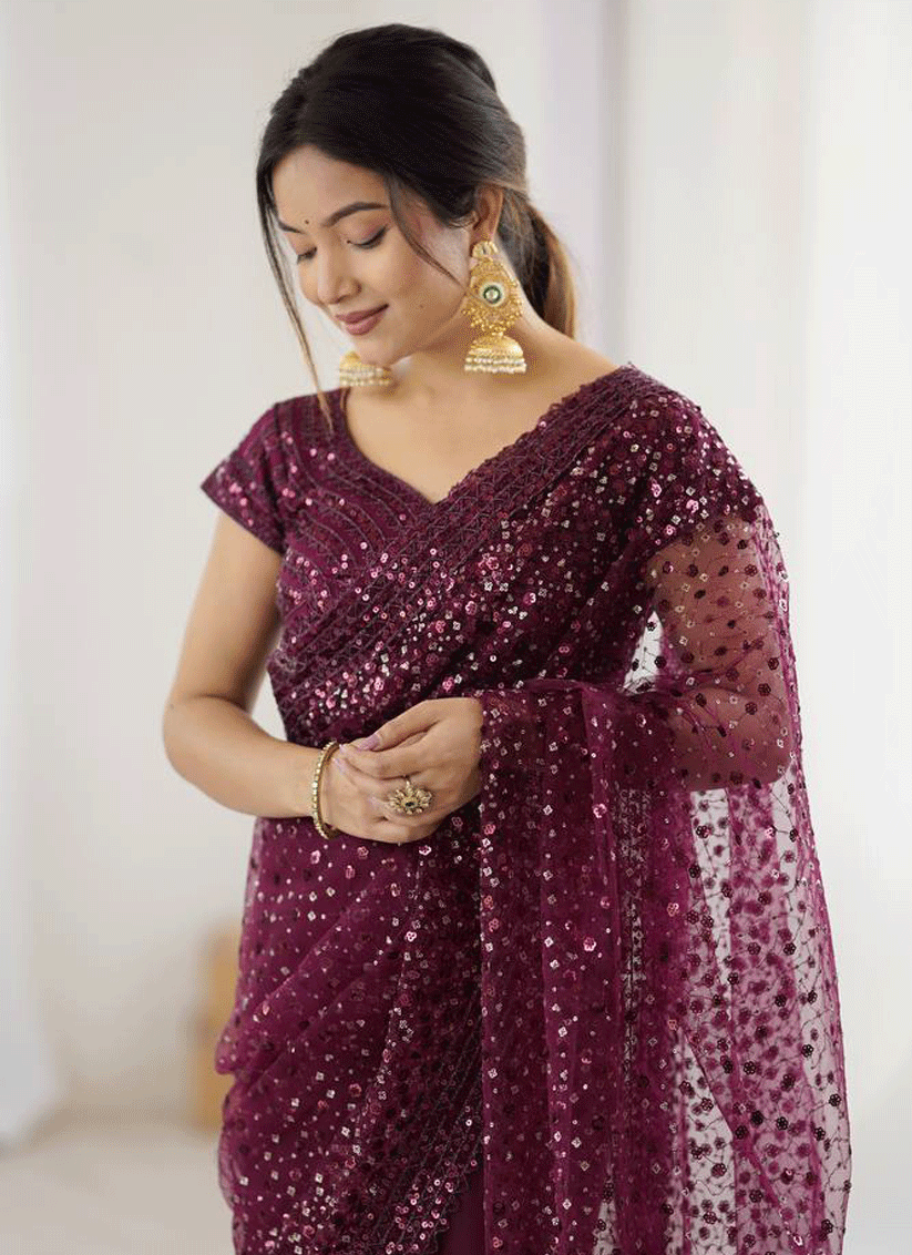 Elegant Wine Sequin Net Reception Saree with Designer Blouse