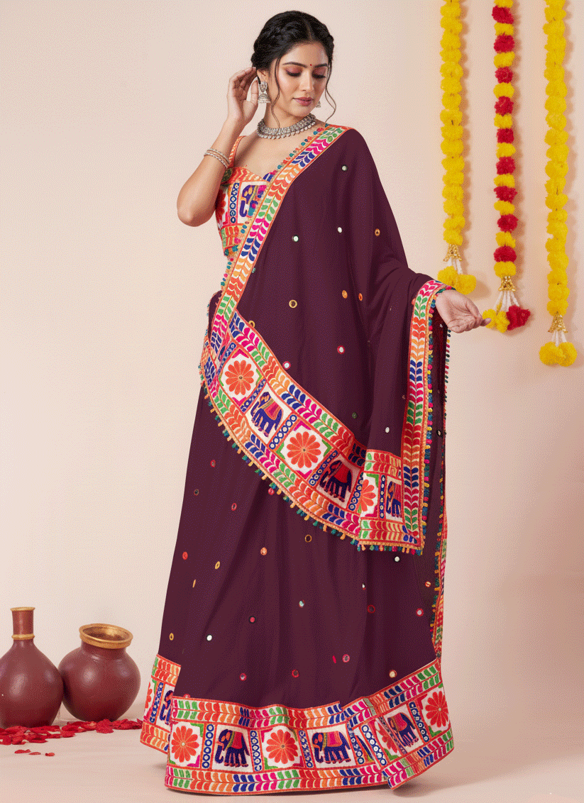 Garnet Maroon Navratri Special Embroidered Mirror Work Chaniya Choli
