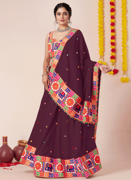 Garnet Maroon Navratri Special Embroidered Mirror Work Chaniya Choli