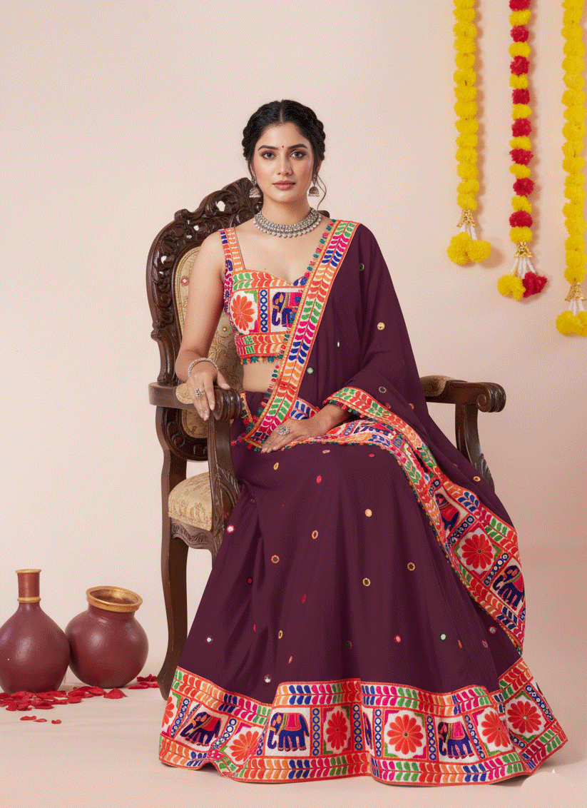 Garnet Maroon Navratri Special Embroidered Mirror Work Chaniya Choli