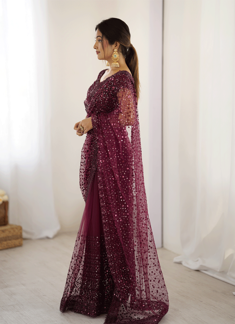 Elegant Wine Sequin Net Reception Saree with Designer Blouse