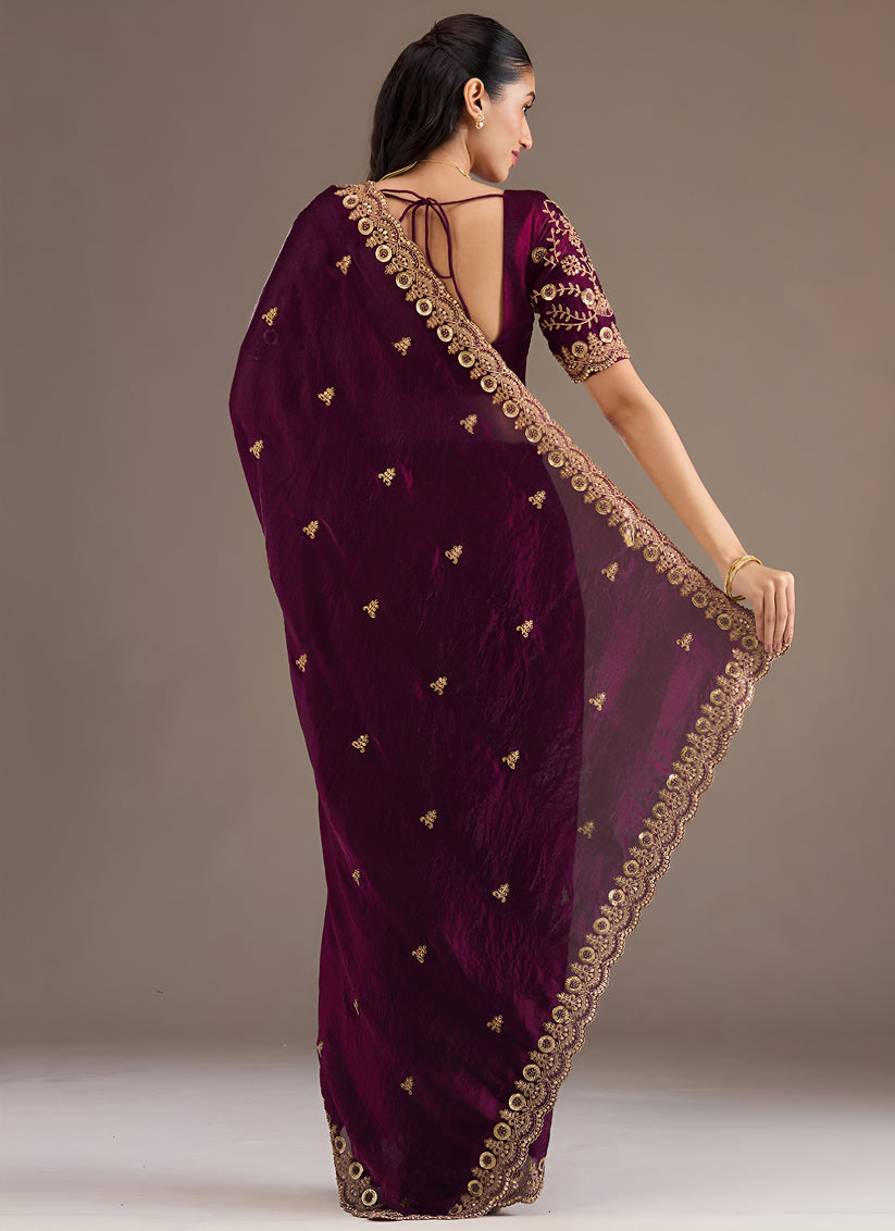 Wine  Designer Tissue Saree with Embroidery and Sequin Work