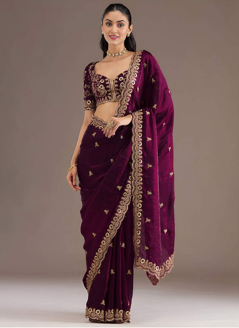Wine  Designer Tissue Saree with Embroidery and Sequin Work