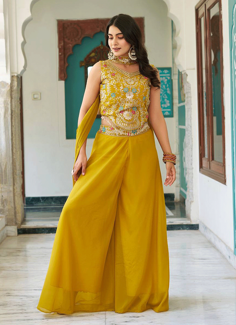 Stunning Yellow Embroidered Georgette Indo-Western Party Wear