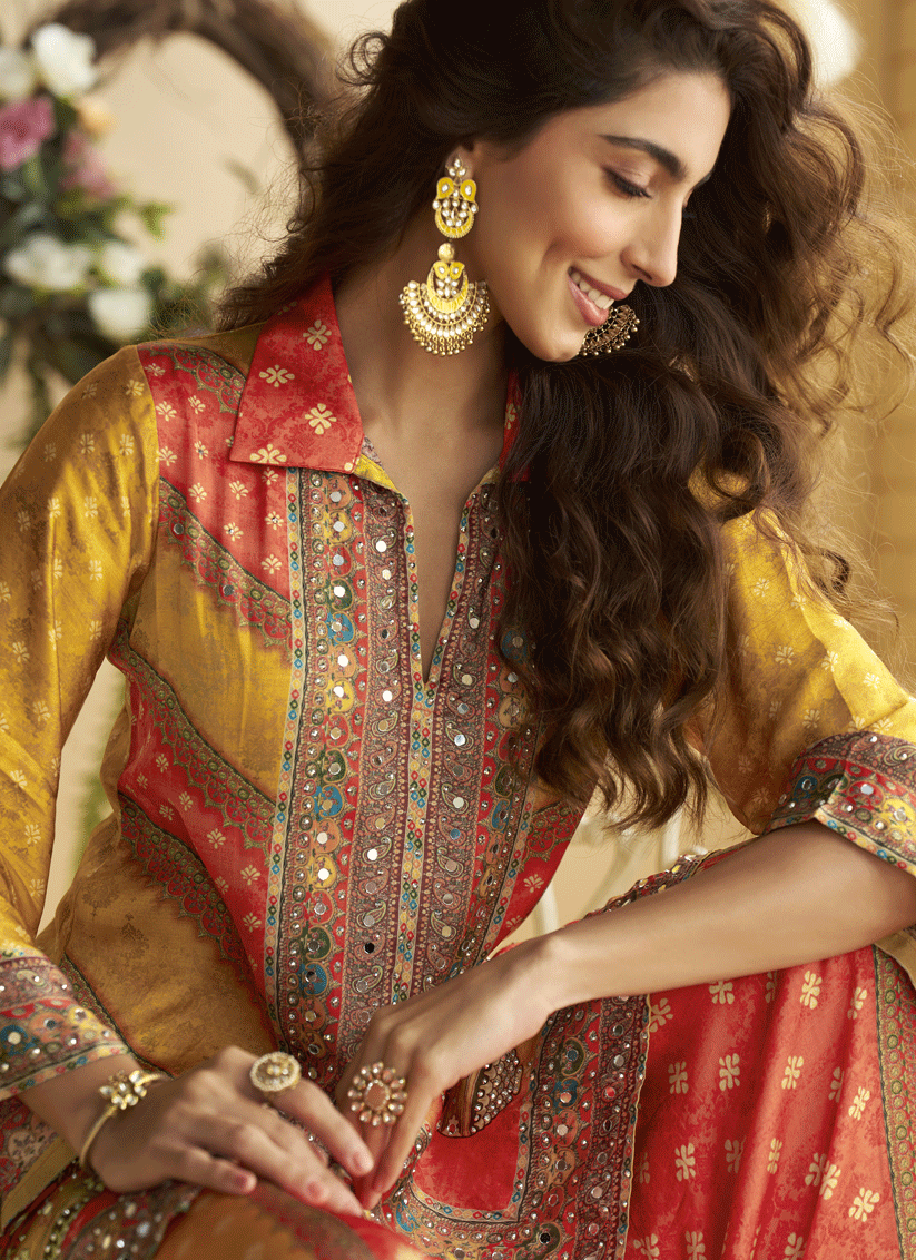 Mustard Yellow Crepe Silk Mirror-Embellished Digital Print Co-Ord Set