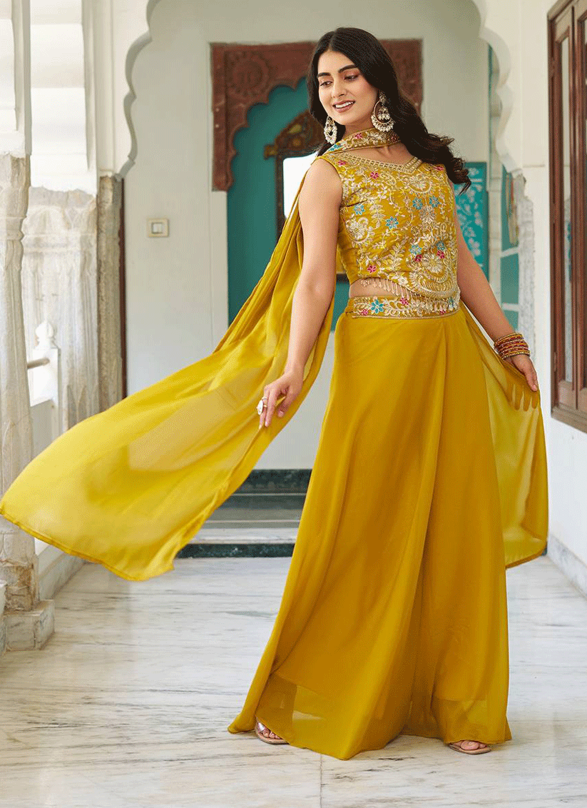 Stunning Yellow Embroidered Georgette Indo-Western Party Wear