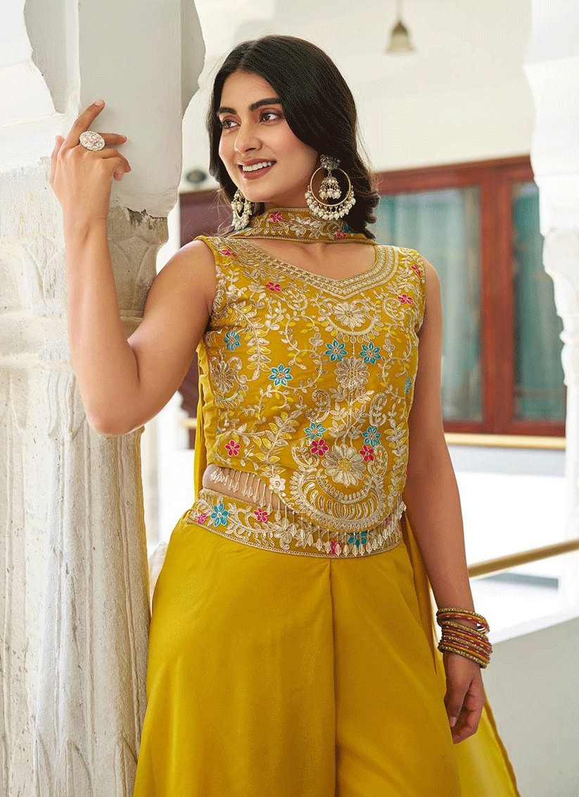 Stunning Yellow Embroidered Georgette Indo-Western Party Wear