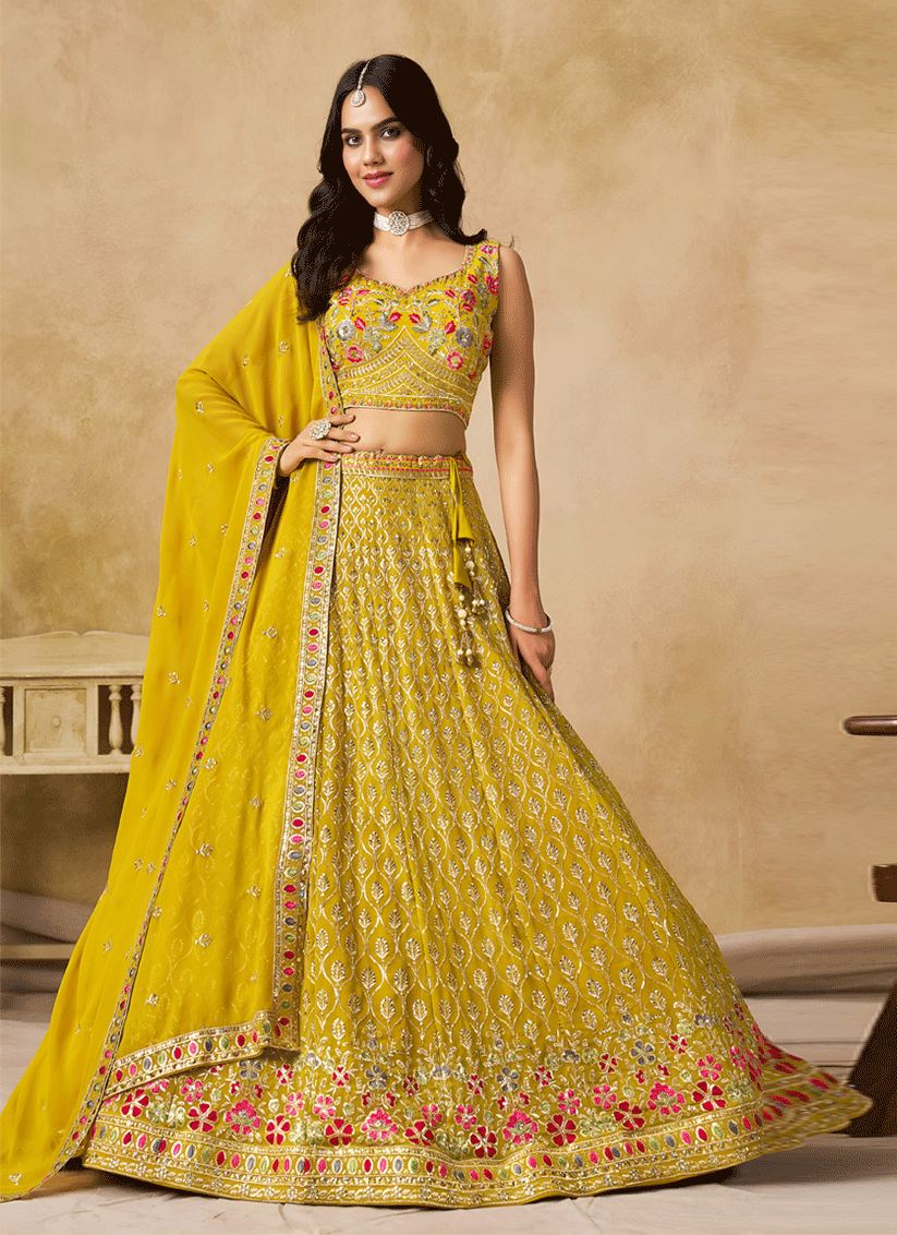 Bright Yellow Georgette Lehenga Choli with Sequins & Thread Embroidery