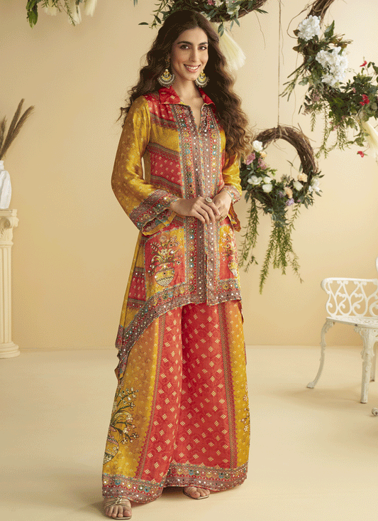 Mustard Yellow Crepe Silk Mirror-Embellished Digital Print Co-Ord Set