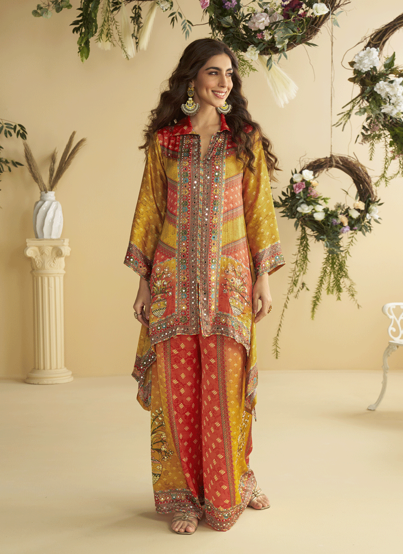 Mustard Yellow Crepe Silk Mirror-Embellished Digital Print Co-Ord Set
