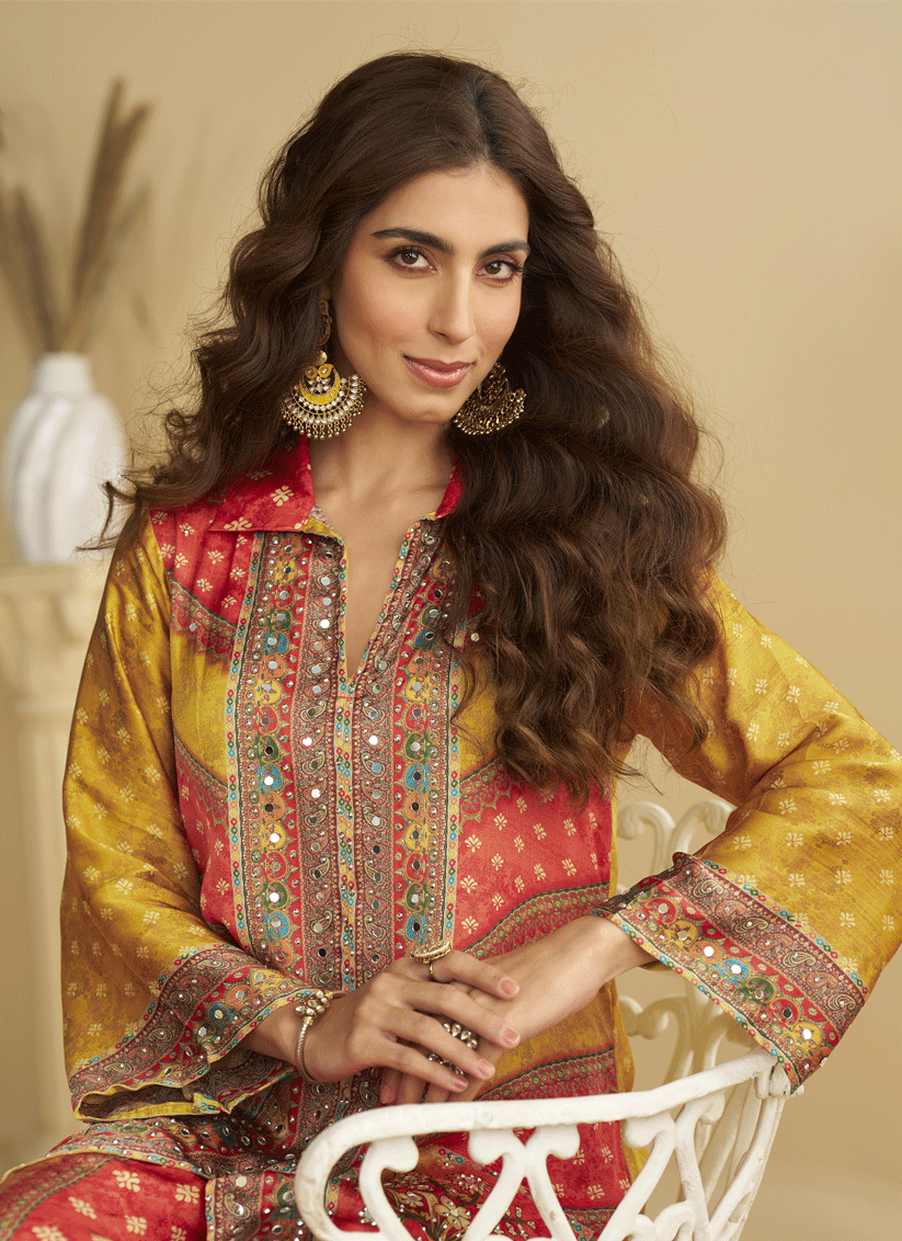 Mustard Yellow Crepe Silk Mirror-Embellished Digital Print Co-Ord Set