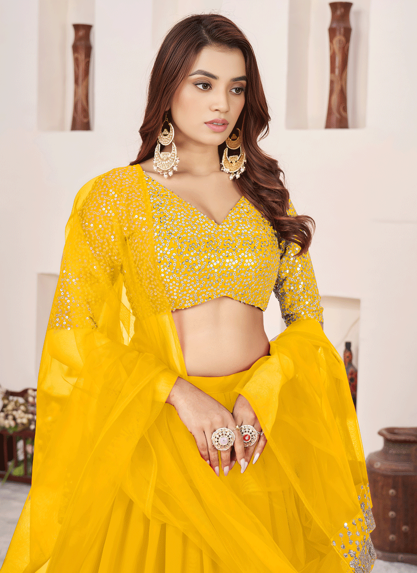 Sunshine Yellow Sequins & Embroidered Georgette Lehenga Choli with Soft Net Dupatta
