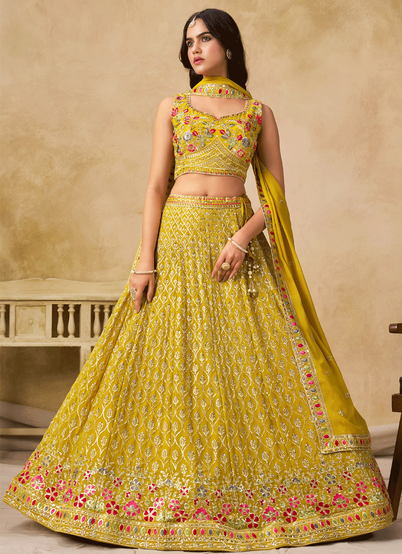 Bright Yellow Georgette Lehenga Choli with Sequins & Thread Embroidery