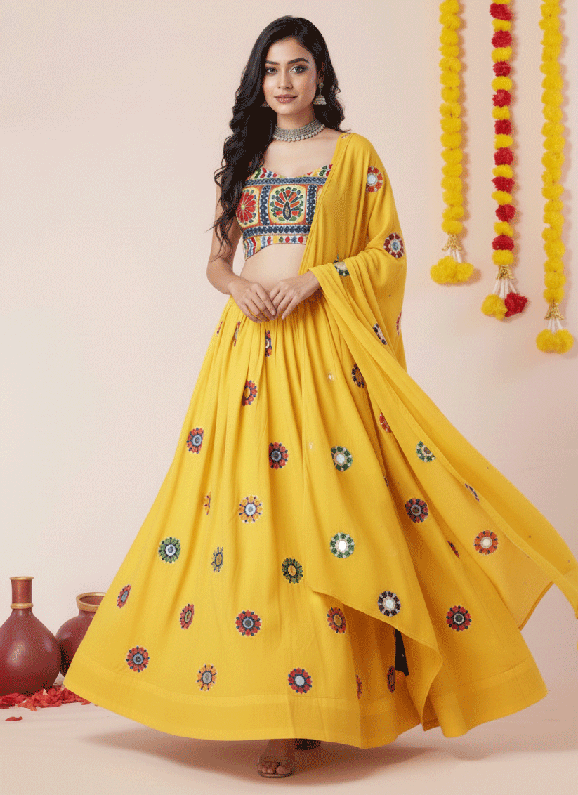 Premium Sunny Yellow Rayon Chaniya Choli for Garba & Navratri