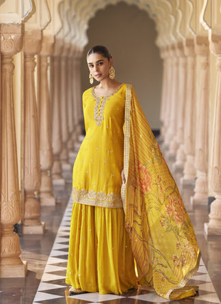 Yellow Chinon Silk Sharara Suit with Embroidery, Sequins, Mirror Work & Festive Wear