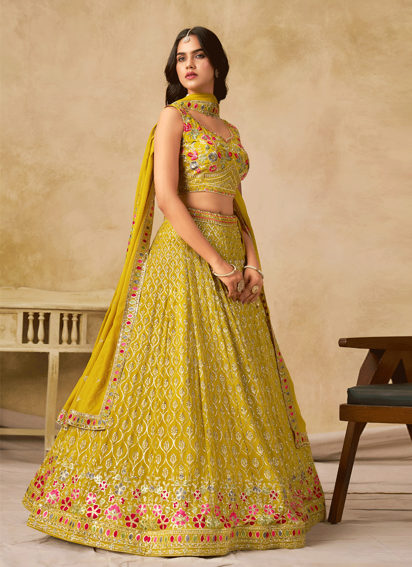 Bright Yellow Georgette Lehenga Choli with Sequins & Thread Embroidery