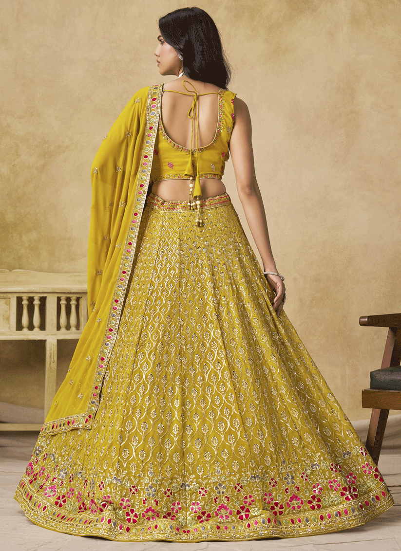 Bright Yellow Georgette Lehenga Choli with Sequins & Thread Embroidery