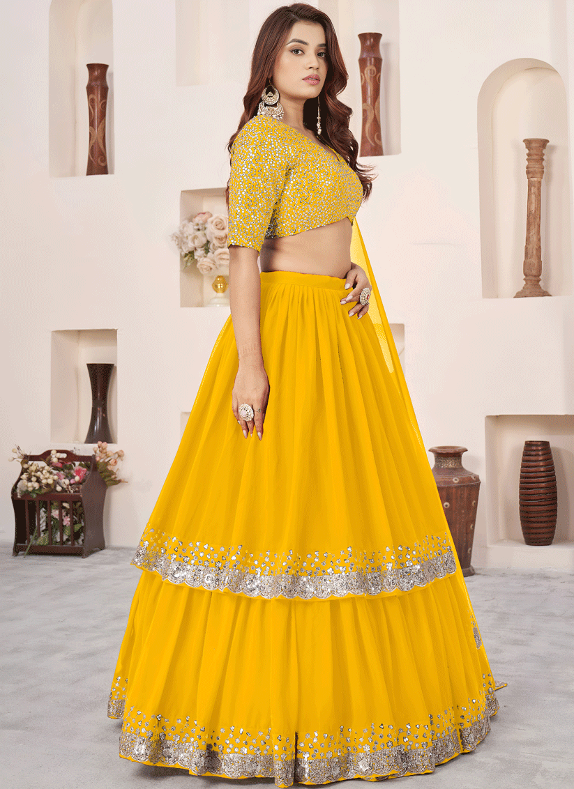 Sunshine Yellow Sequins & Embroidered Georgette Lehenga Choli with Soft Net Dupatta