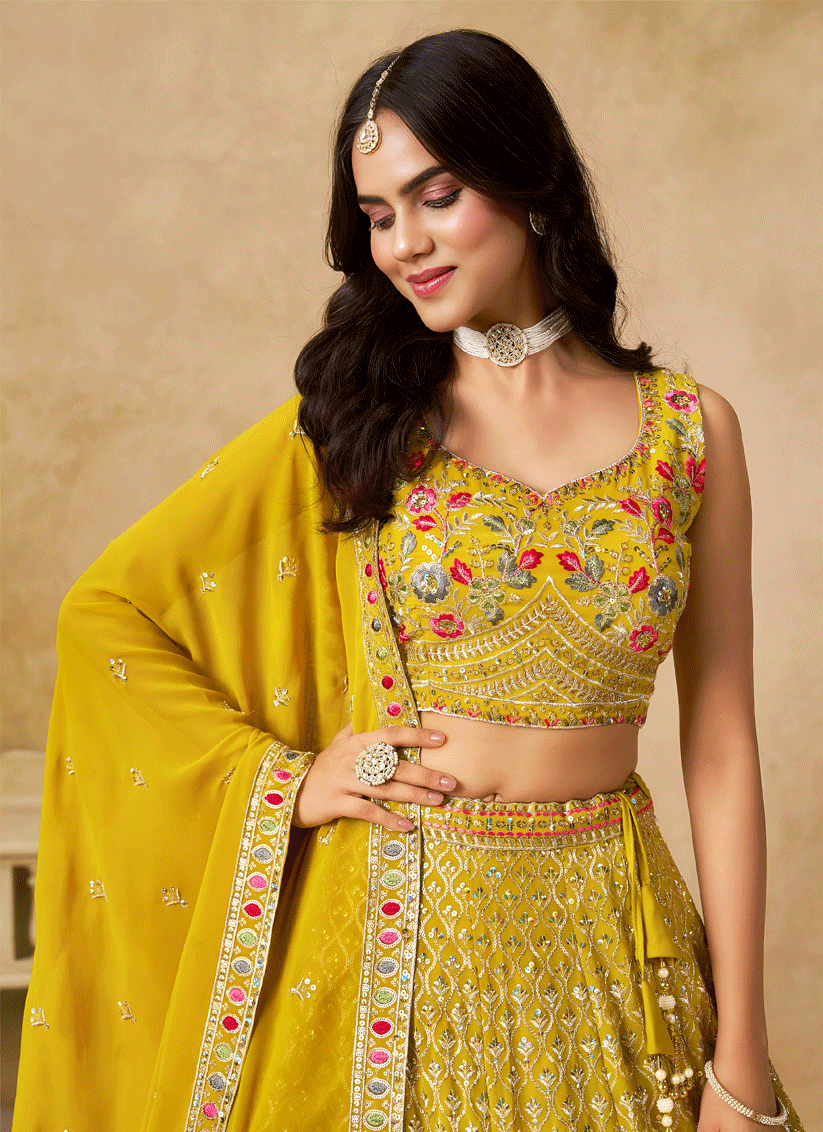 Bright Yellow Georgette Lehenga Choli with Sequins & Thread Embroidery