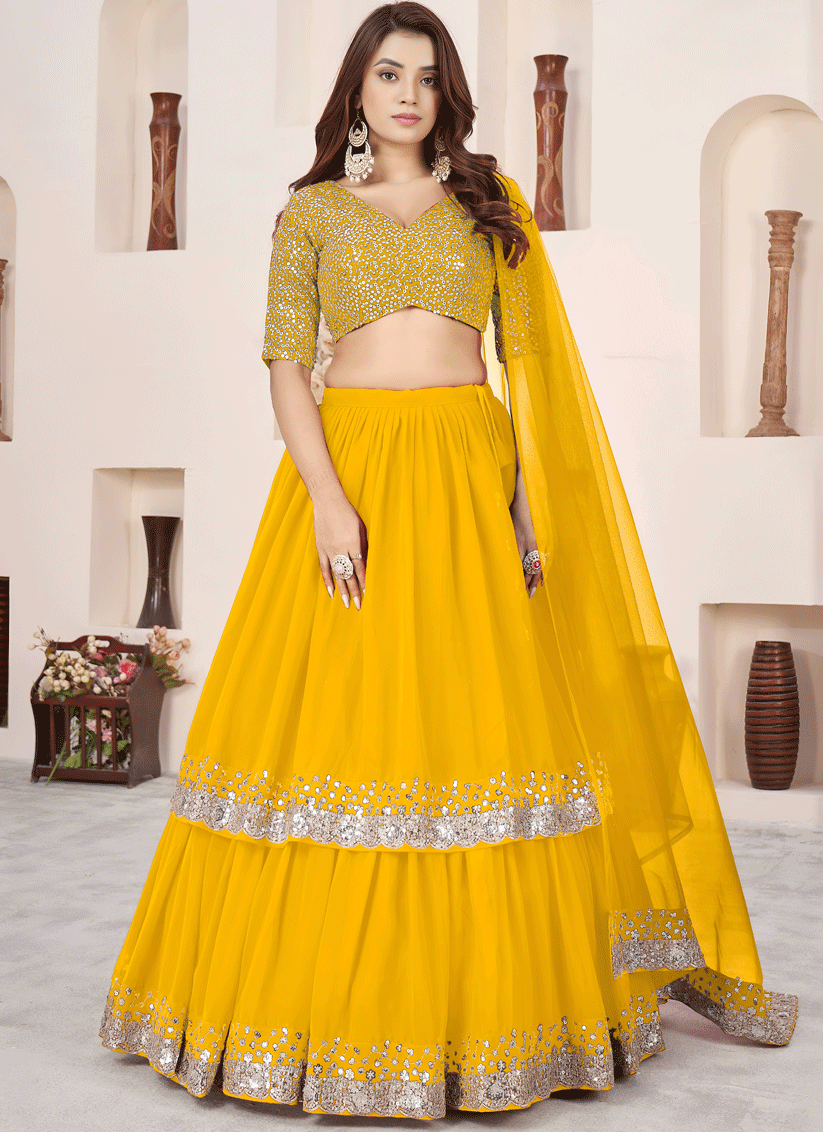 Sunshine Yellow Sequins & Embroidered Georgette Lehenga Choli with Soft Net Dupatta