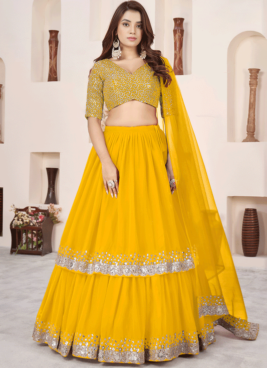 Sunshine Yellow Sequins & Embroidered Georgette Lehenga Choli with Soft Net Dupatta