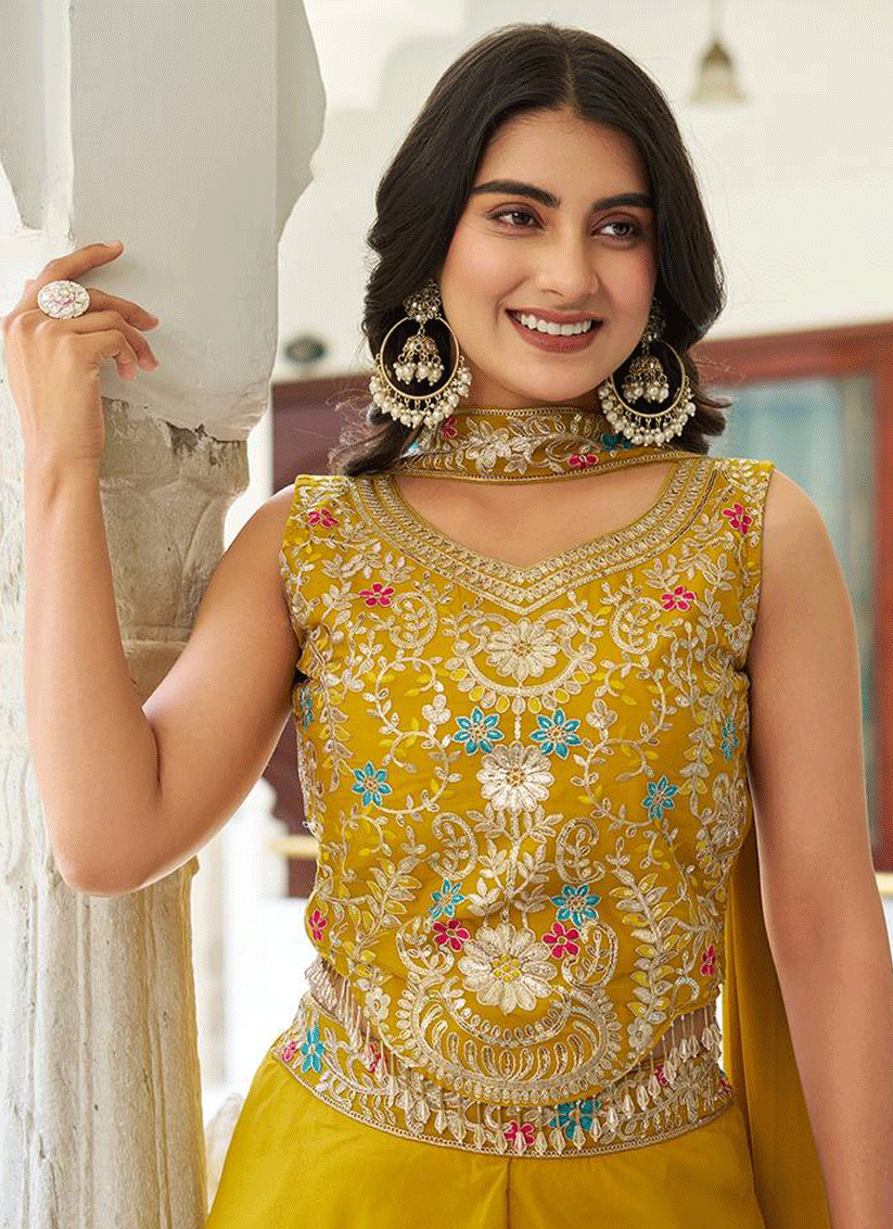 Stunning Yellow Embroidered Georgette Indo-Western Party Wear
