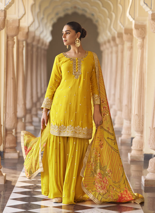 Yellow Chinon Silk Sharara Suit with Embroidery, Sequins, Mirror Work & Festive Wear