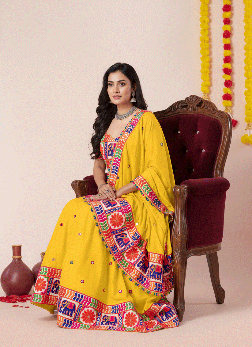 Sunny Yellow Navratri Special Embroidered Mirror Work Chaniya Choli