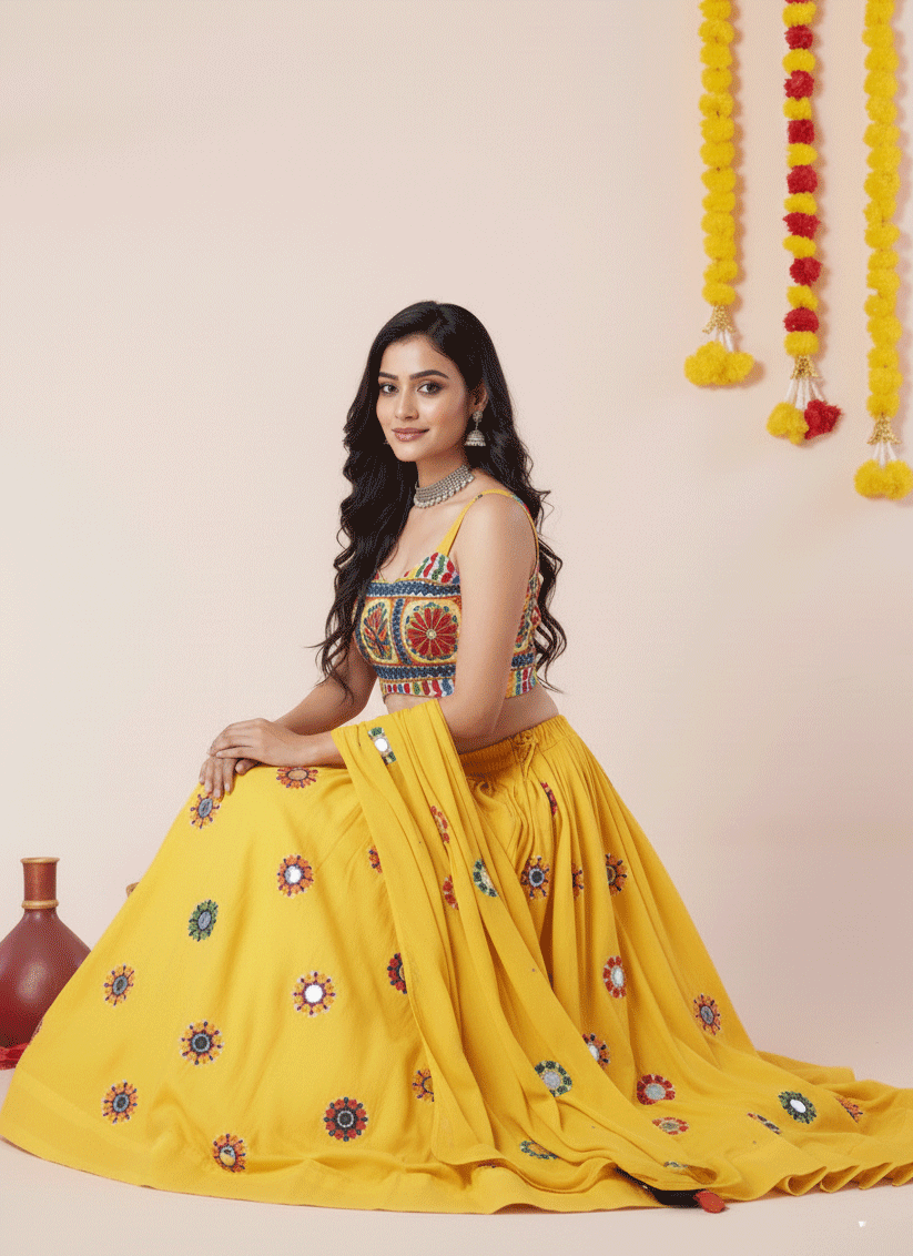 Premium Sunny Yellow Rayon Chaniya Choli for Garba & Navratri