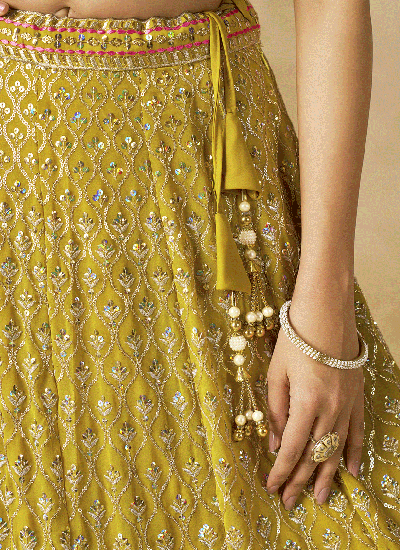 Bright Yellow Georgette Lehenga Choli with Sequins & Thread Embroidery