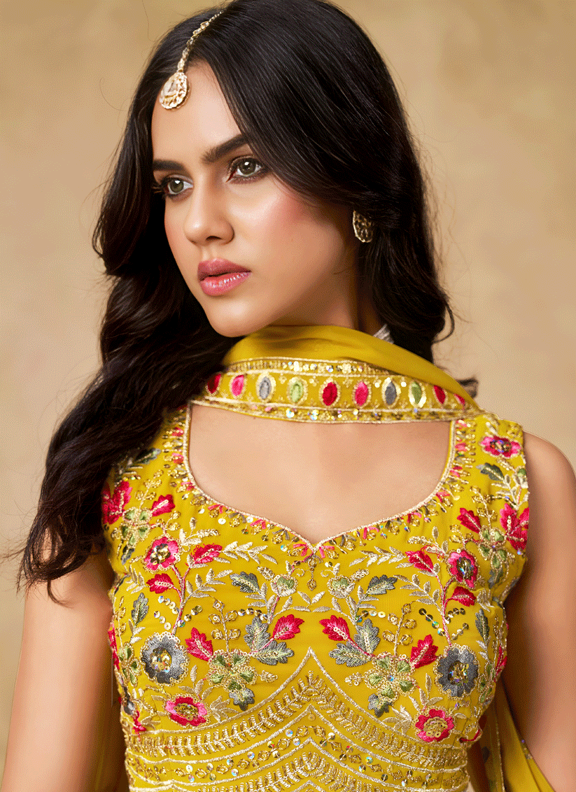 Bright Yellow Georgette Lehenga Choli with Sequins & Thread Embroidery
