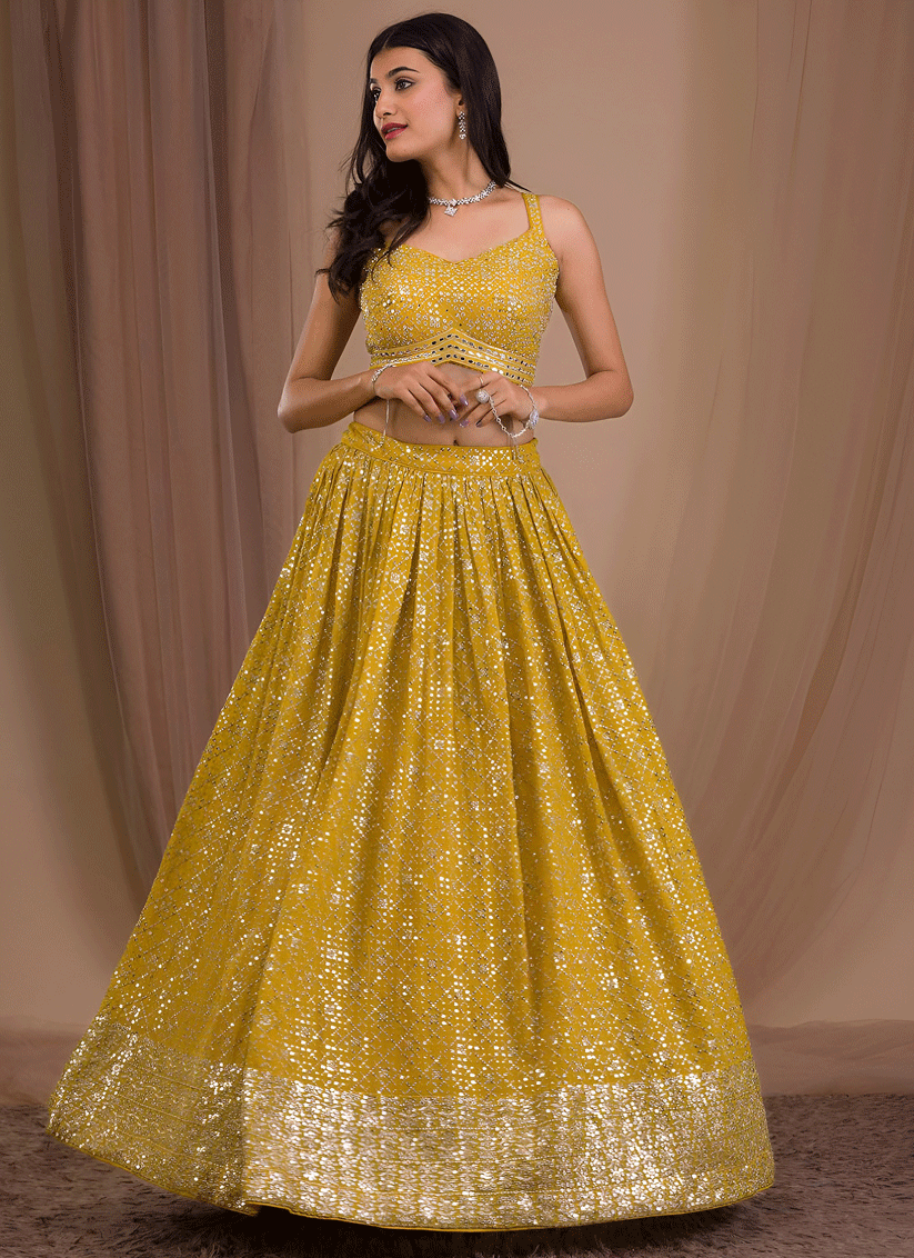 Maize Yellow Elegant Georgette Embroidered Lehenga Choli for Functions