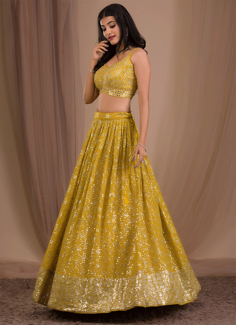 Maize Yellow Elegant Georgette Embroidered Lehenga Choli for Functions
