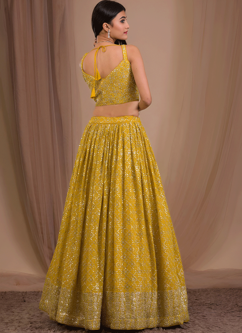 Maize Yellow Elegant Georgette Embroidered Lehenga Choli for Functions