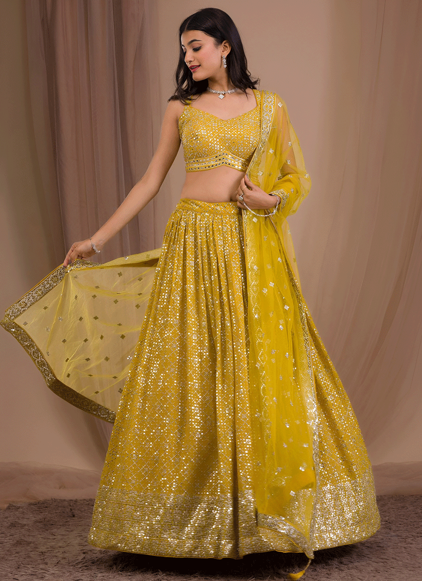 Maize Yellow Elegant Georgette Embroidered Lehenga Choli for Functions