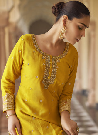 Yellow Chinon Silk Sharara Suit with Embroidery, Sequins, Mirror Work & Festive Wear