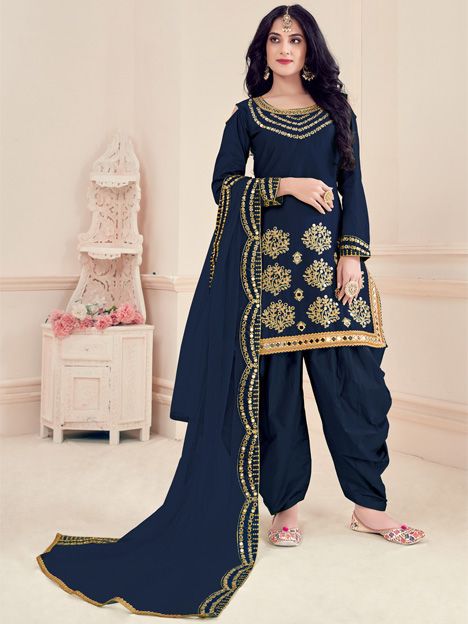 Midnight Blue Silk Embroidered and Mirrow Work Patiala Salwar Kameez