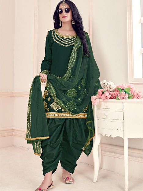 Forest Green Silk Embroidered and Mirrow Work Patiala Salwar Kameez