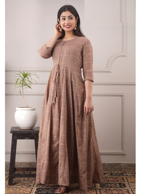 Beige Brown Chanderi Foil Print Ready Made Gown