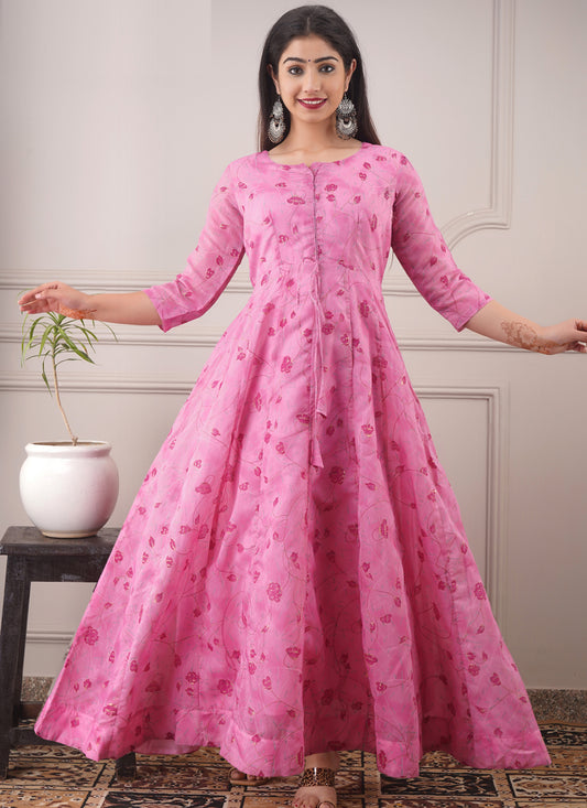 Pink Chanderi Foil Print Gown