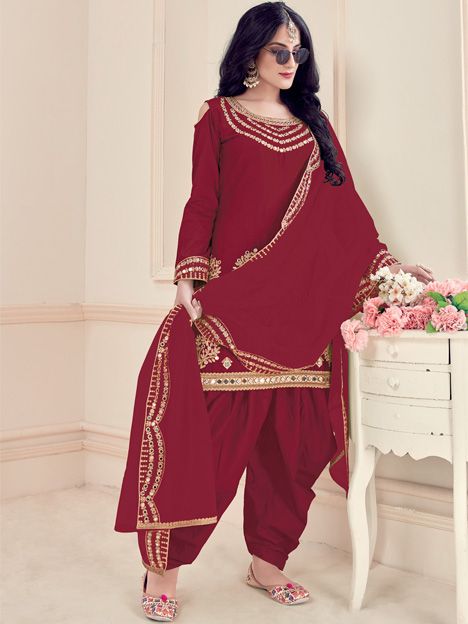 Maroon Silk Embroidered and Mirrow Work Patiala Salwar Kameez