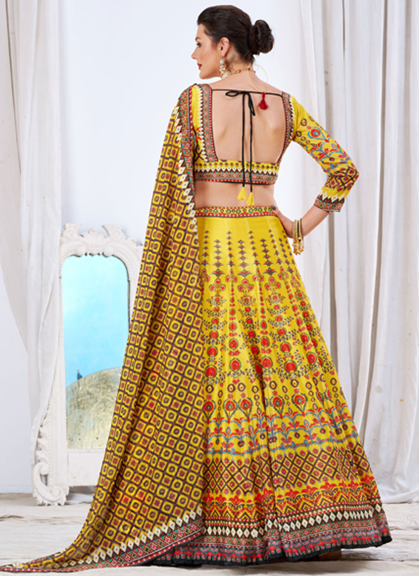 Sunny Yellow Chinnon Printed Ready To Wear Lehenga Choli